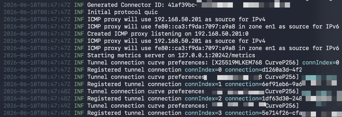 cloudflared 啟動後的終端機輸出，成功註冊四條 tunnel connection