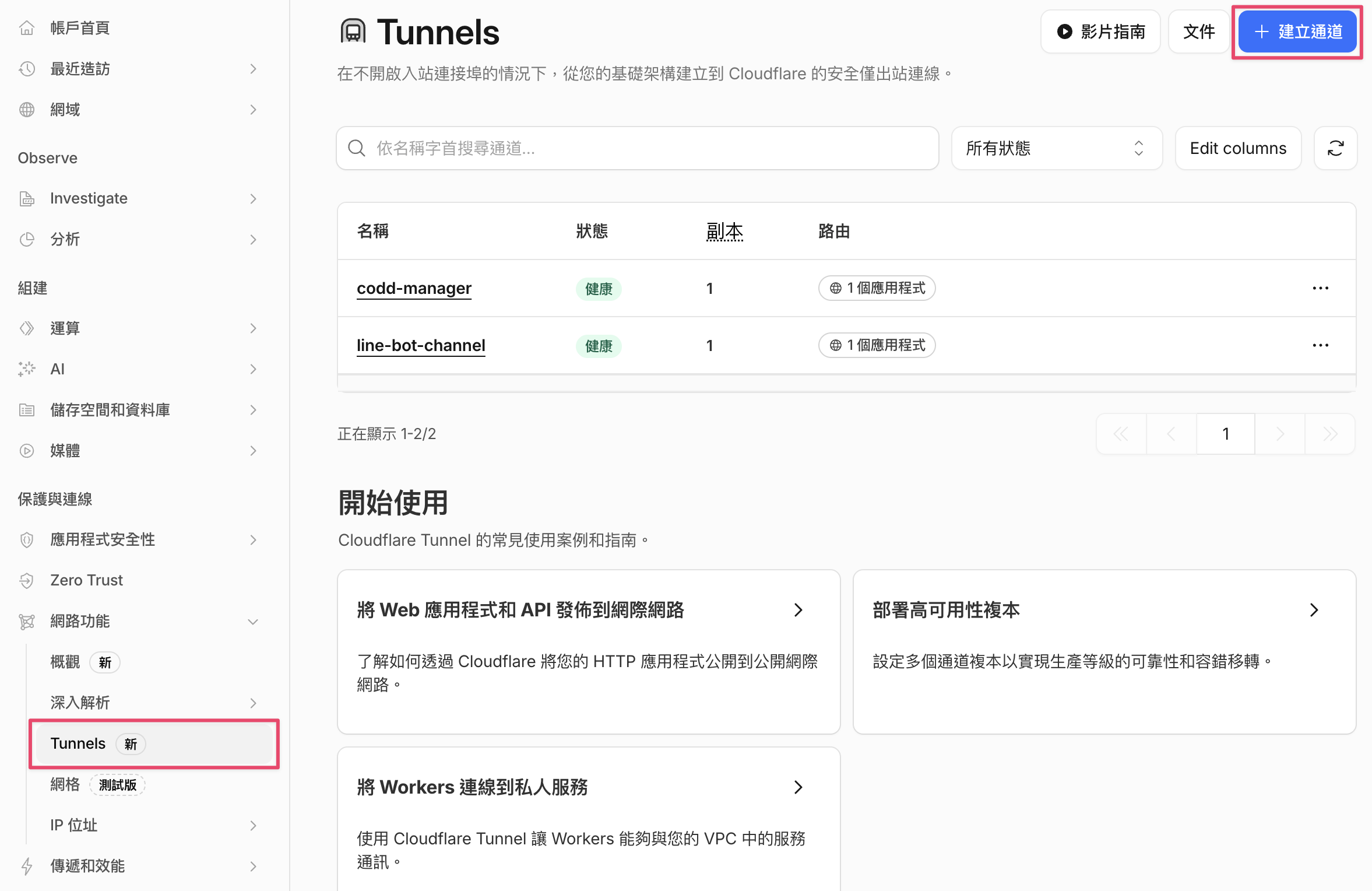 Zero Trust 後台的 Networks → Tunnels 頁面，點右上角「建立通道」