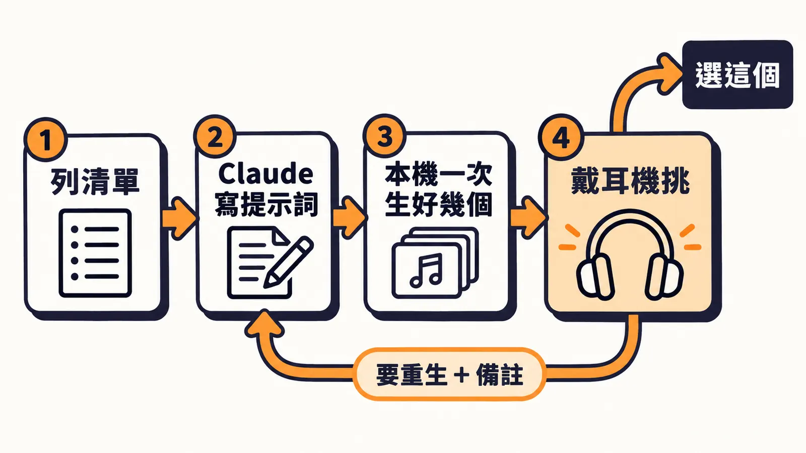 遊戲音效的挑選流程:列清單、Claude 寫提示詞、本機一次生好幾個、戴耳機挑;可以就選這個,不行就要重生並留備註,回到寫提示詞那一步