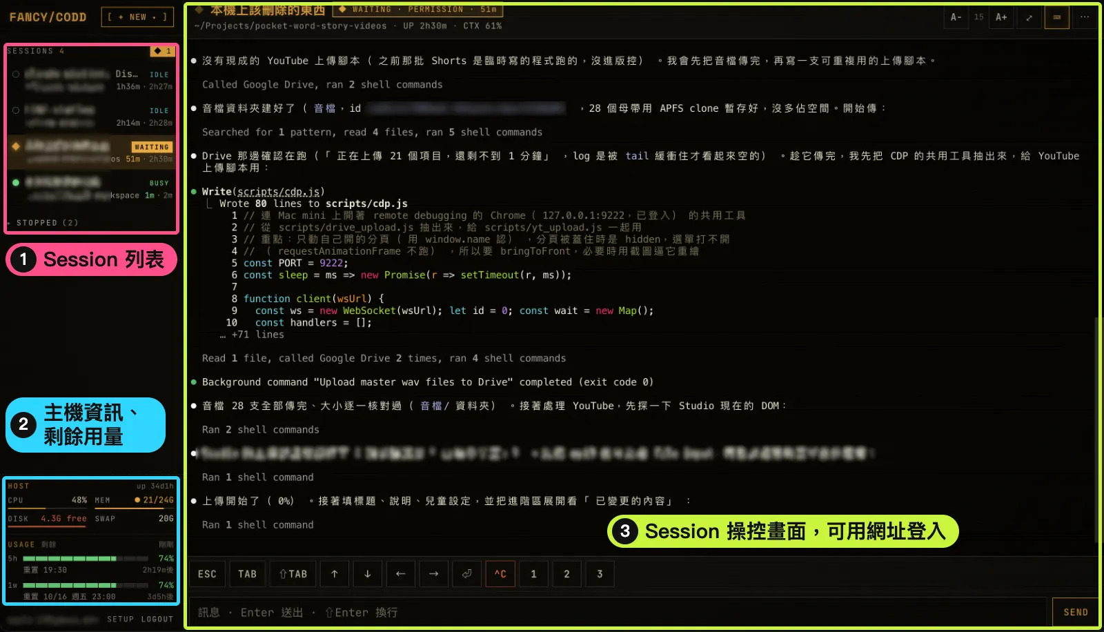CODD 的畫面，標出三個區塊：左上是 Session 列表，左下是主機資訊和剩餘用量，右邊是 Session 操控畫面